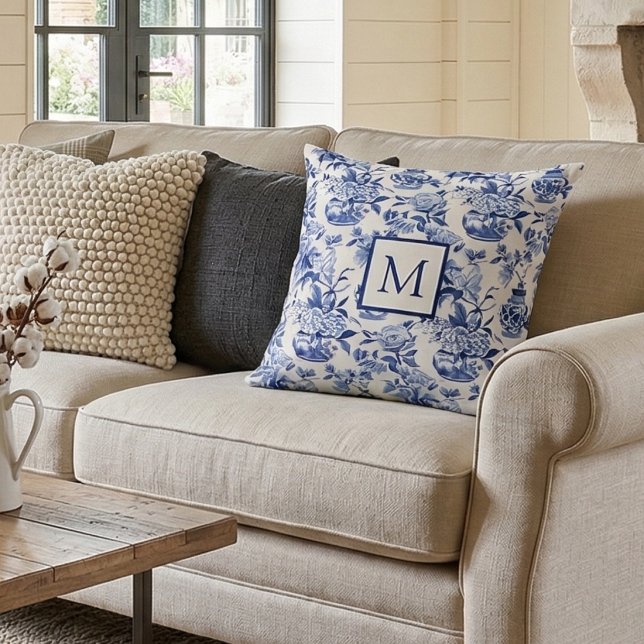 Blue Monogram French Country Throw Pillow (Creator Uploaded)