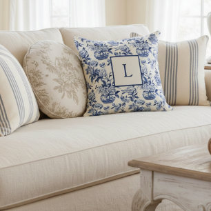 Blue Monogram French Country Throw Pillow