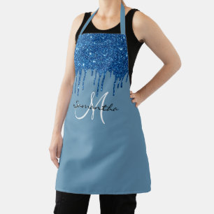Blue Monogram Glitter Drips Metallic Apron