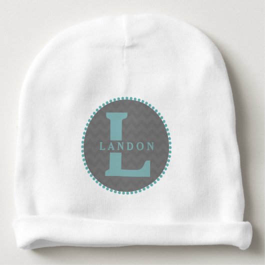 Blue Monogram + Gray Chevron Baby Beanie (Front)