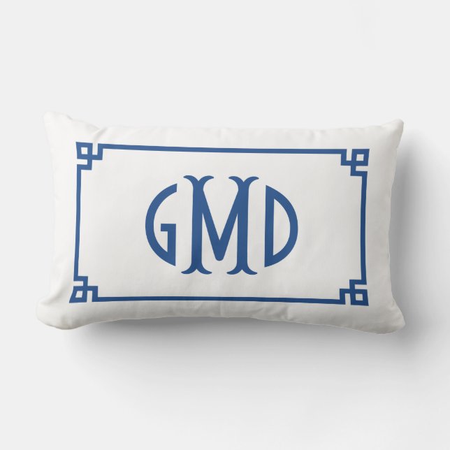 Blue Monogram Greek Key Border Lumbar Pillow (Front)