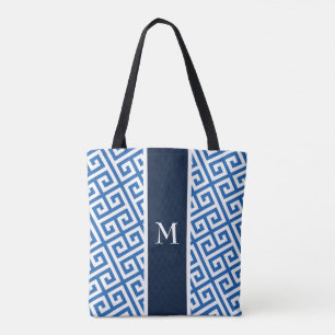 Blue Monogram Greek Key Tote Bag