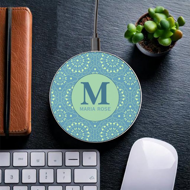 Blue Monogram Green Pattern Personalized Wireless Charger (Monogram blue and green pattern phone charger. )