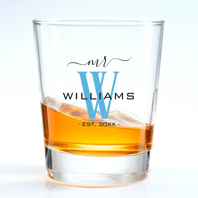 Blue Monogram Husband Groom Mr Wedding Anniversary Shot Glass (blue monogram Mr. shot glass for a husband / groom)