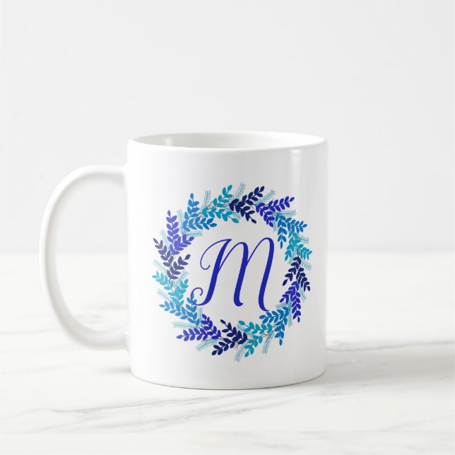 Blue Monogram Initial Christmas Wreath Coffee Mug (Left)