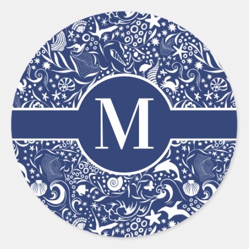 Blue Monogram Initial Ocean Pattern Classic Round Sticker