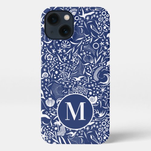 Blue Monogram Initial Ocean Pattern iPhone Case