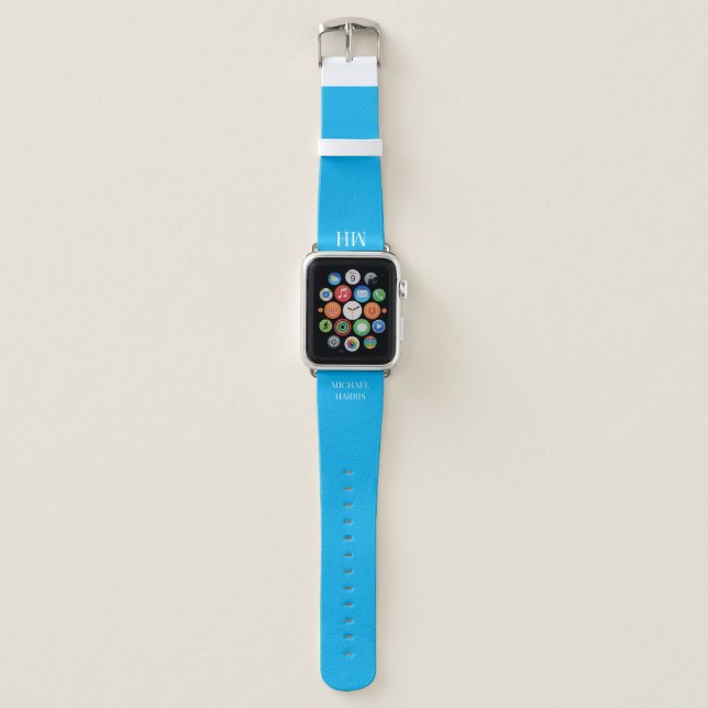 Blue Monogram Initials Simple Modern Name Apple Watch Band (Front)