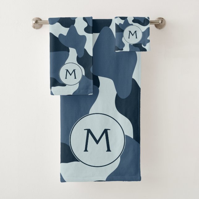 Blue Monogram Large Cow Print Bath Towel Set (Insitu)
