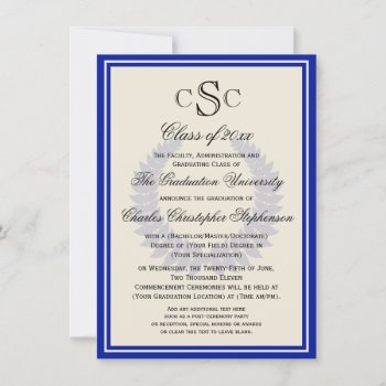 Blue Monogram Laurel Classic College Graduation Invitation by CustomInvites at Zazzle