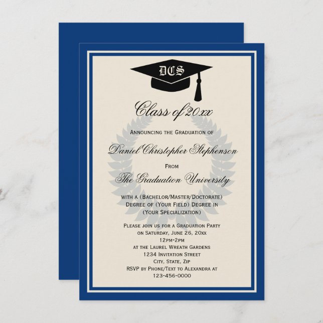 Blue Monogram Laurel Classic College Graduation Invitation (Front/Back)