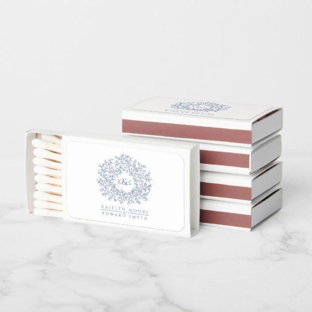 Blue monogram leaf drawing initials wedding matchboxes (Stacked)