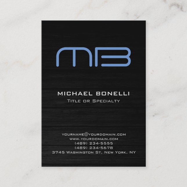 Blue monogram modern wood background business card (Front)