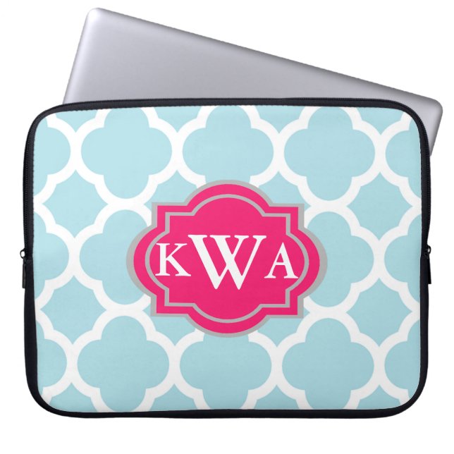 Blue Monogram Moroccan Quatrefoil Pattern Laptop Sleeve (Front)