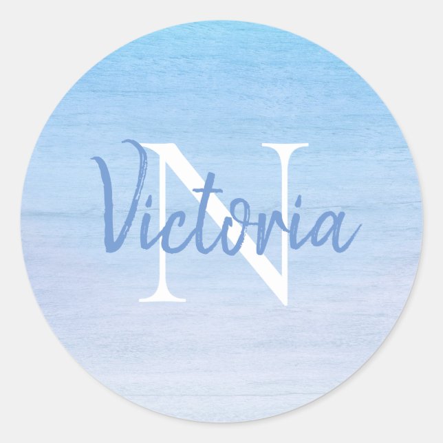 Blue Monogram Name  Classic Round Sticker (Front)