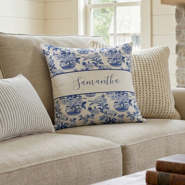 Blue Monogram Name French Country Throw Pillow (Creator Uploaded)