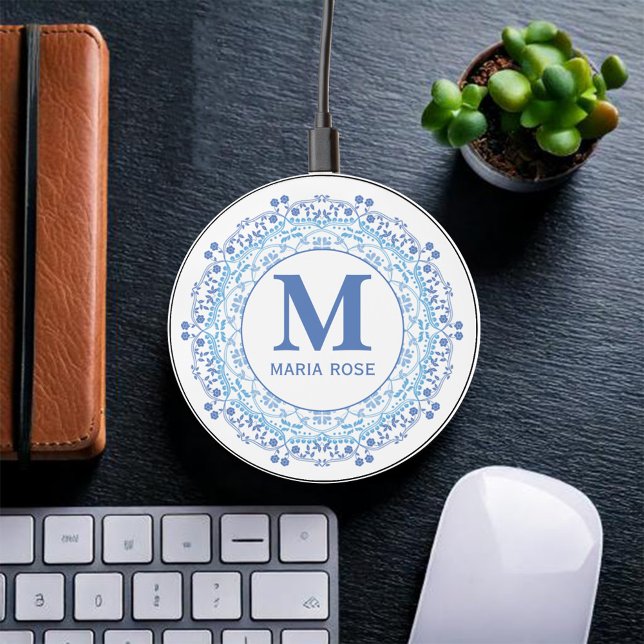 Blue Monogram Name Mandala Personalized Wireless Charger (Monogram light blue and white custom phone charger. )