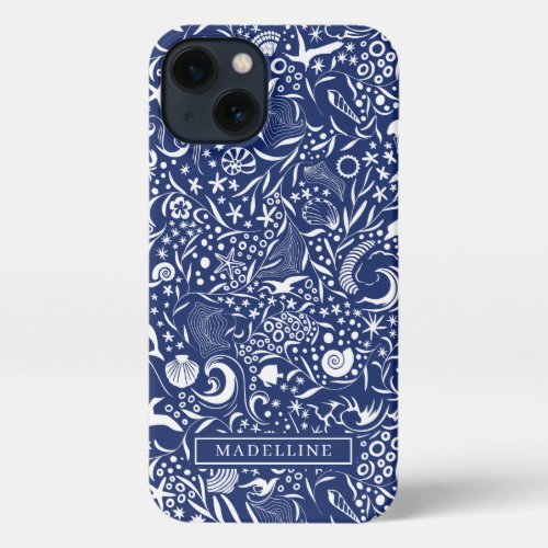 Blue Monogram Name Ocean Pattern iPhone Case