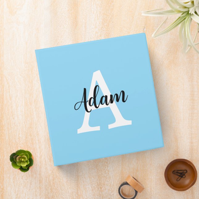 Blue Monogram Name Script Personalized Design 3 Ring Binder (In Situ)