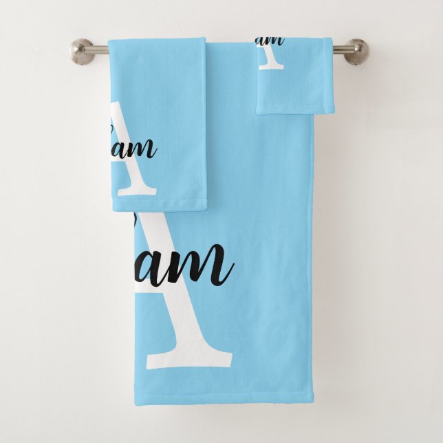Blue Monogram Name Script Personalized Design Bath Towel Set (Insitu)