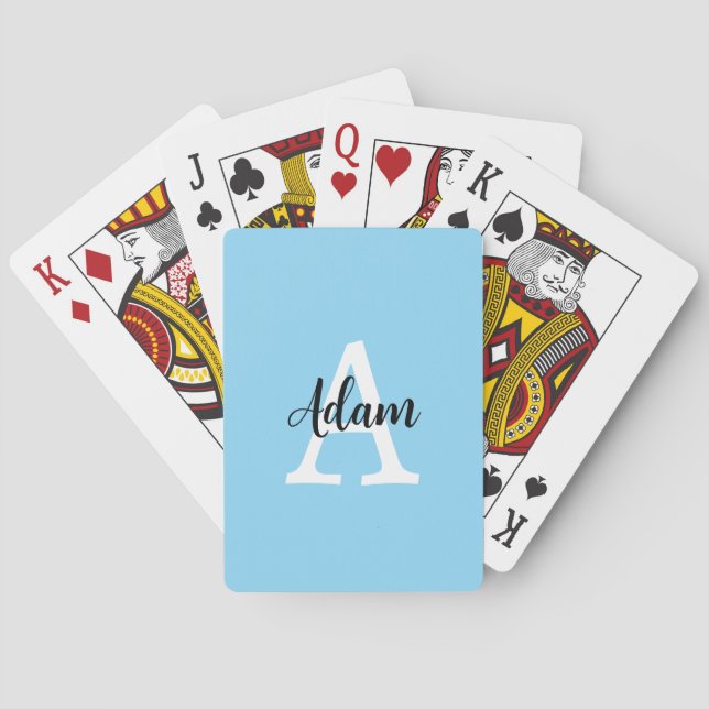 Blue Monogram Name Script Personalized Design Poker Cards (Back)