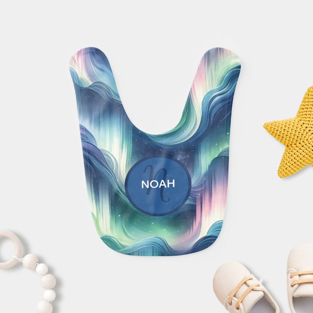 Blue Monogram Northern Lights Celestial Stars Cute Baby Bib (Creator Uploaded)