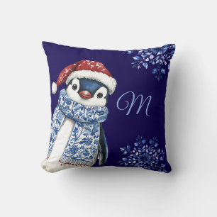 Blue Monogram Penguin Christmas Throw Pillow