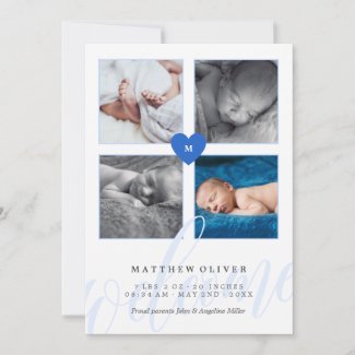 Blue Monogram Photo Collage Baby Announcement