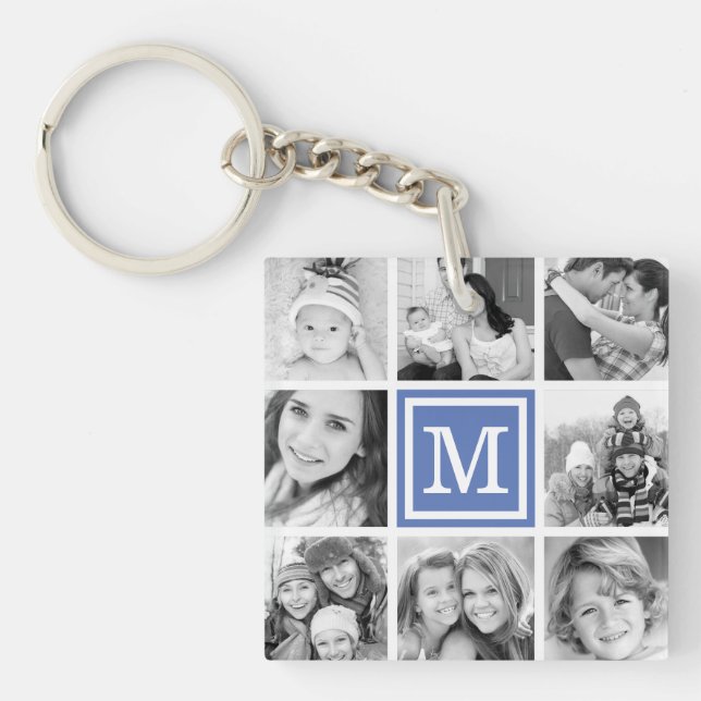 Blue Monogram Photo Collage Keychain (Front)