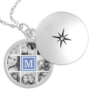 Blue Monogram Photo Collage Silver Plated Necklace