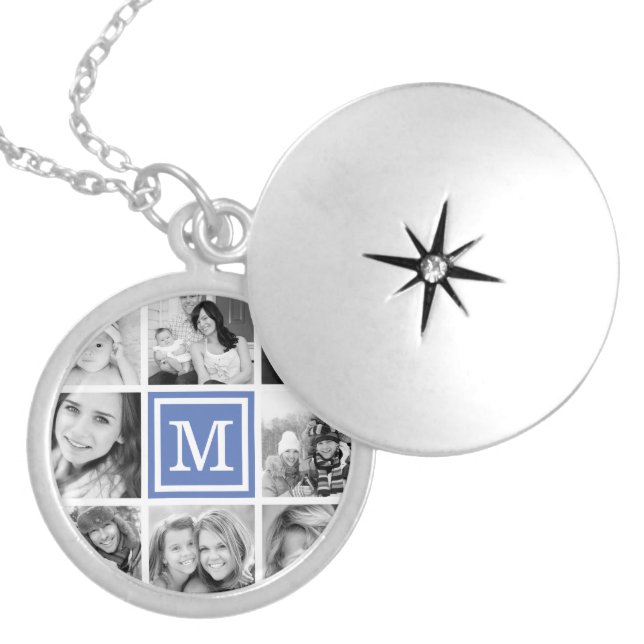 Blue Monogram Photo Collage Silver Plated Necklace (Front)