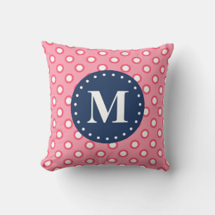 Blue Monogram Pink Polka Dots Pattern Throw Pillow