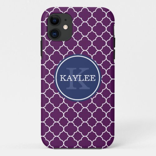 Blue Monogram Purple Moroccan Quatrefoil Pattern iPhone 11 Case