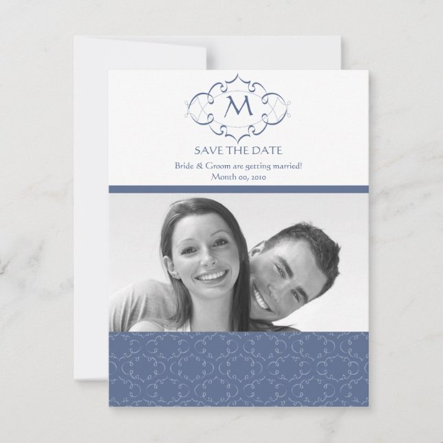 Blue Monogram Save the Date Photo Cards (Front)