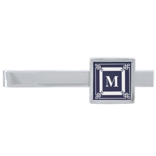 Blue Monogram Silver Finish Tie Bar