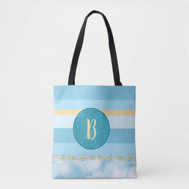 Blue monogram Striped Pattern Tote Bag (Front)