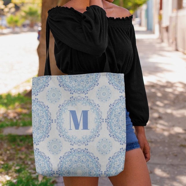 Blue Monogram Stylish Pattern Personalized  Tote Bag (Creator Uploaded)