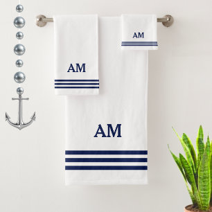 Blue Monogram & Three Stripes on White Bath Towel Set