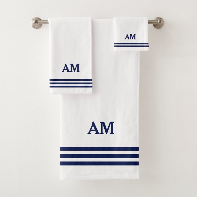 Blue Monogram & Three Stripes on White Bath Towel Set (Insitu)