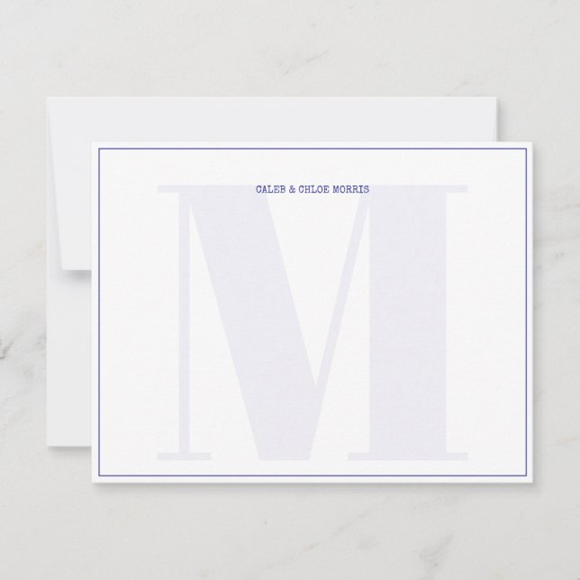 Blue Monogram Typewriter Couple Wedding Custom Note Card (Front)