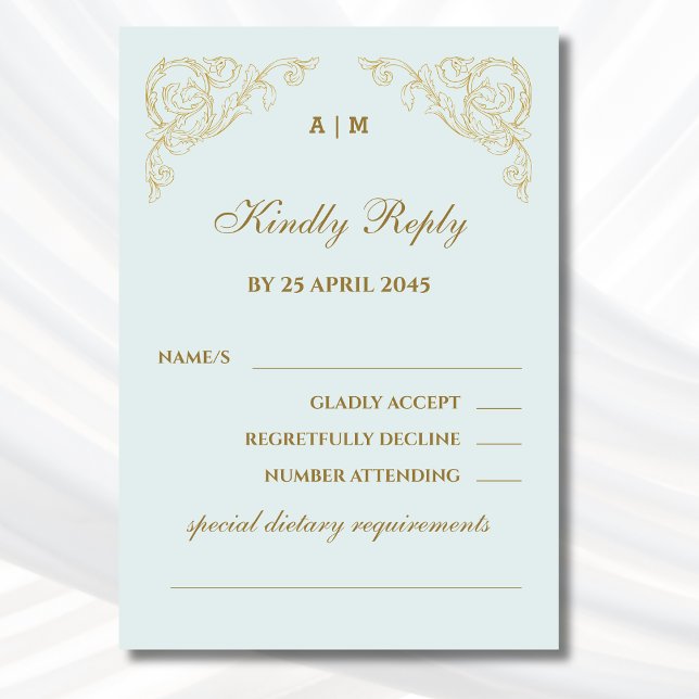 Blue Monogram Vintage Baroque Wedding RSVP Card  (Creator Uploaded)