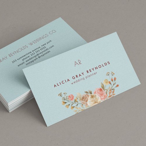 Blue Monogram Watercolor Floral Wedding Planner Business Card