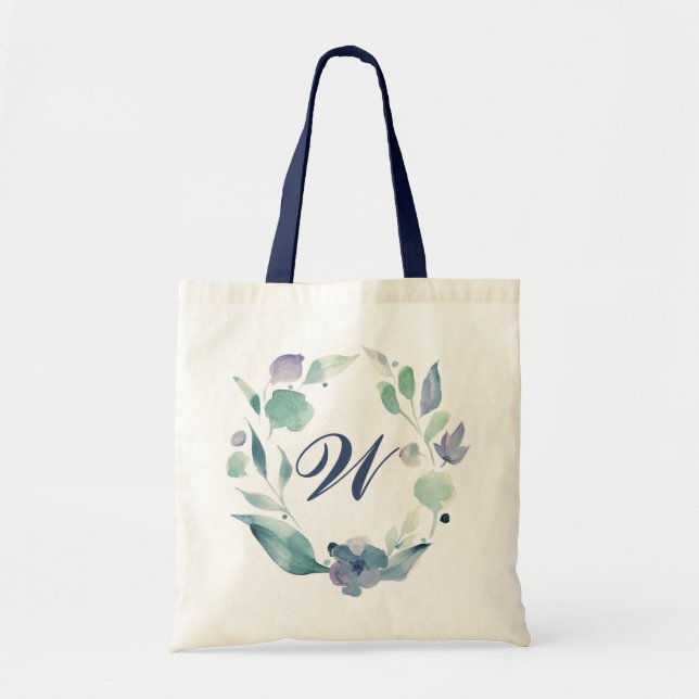 Blue Monogram Watercolor Floral Wreath Tote Bag (Front)