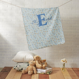 Blue Monogram Watercolor Wildflower Pattern Baby Blanket