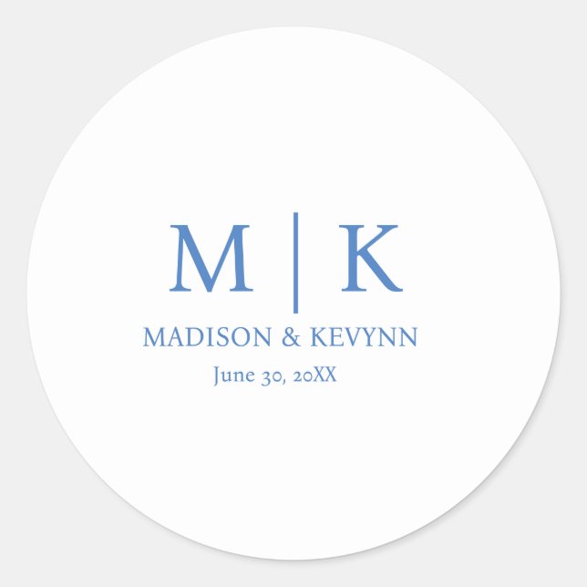 Blue Monogram Wedding Classic Round Sticker (Front)