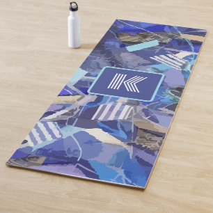 Blue monogram white gray abstract stripes nautical yoga mat