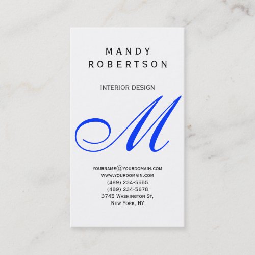 Blue Monogram White Interior Design Business Card