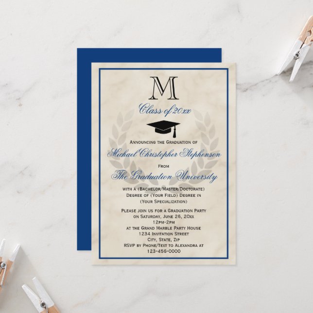 Blue Monogram Wreath Classic College Graduation Invitation (Front/Back In Situ)