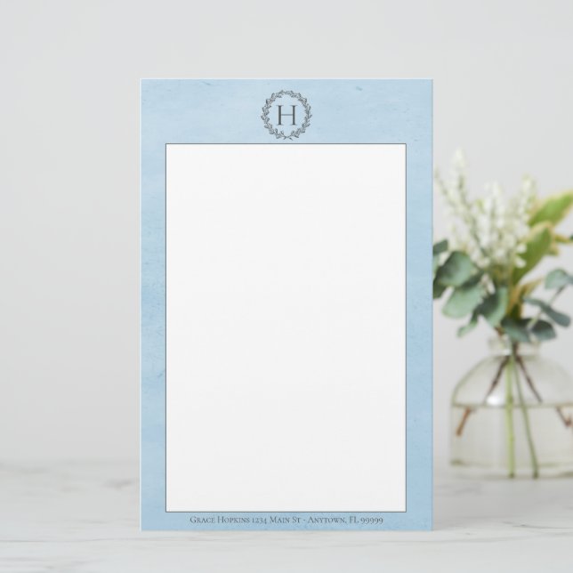 Blue Monogram Wreath Stationery (Standing Front)