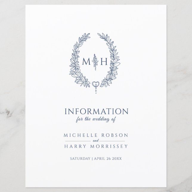 Blue monogram wreath wedding guest information (Front)